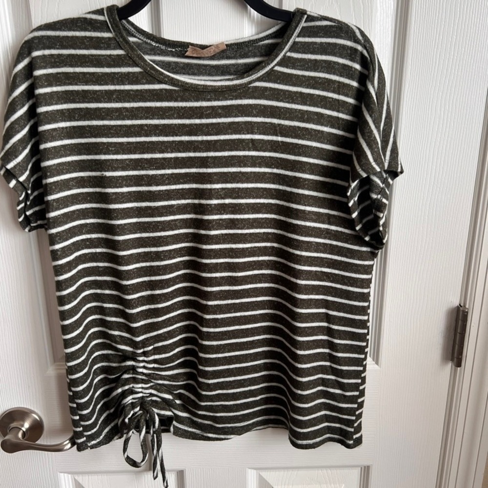 Lavish Striped Olive Green‎ White Knit Top with Drawstring - Size M